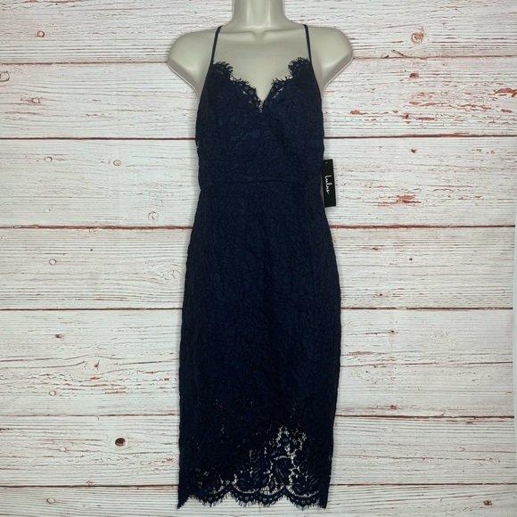 NWT Lulus Flirting with Desire Navy Blue Lace Bodycon Dress Sz S - Picture 6 of 16